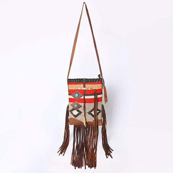 ADBG1116 American Darling Western Leather Crossbody Bag with Fringe & Handwoven Saddle Blanket