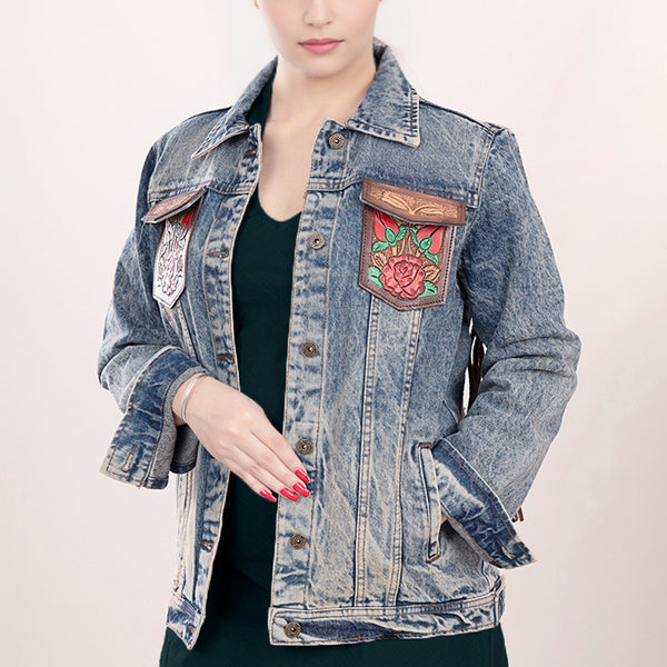 ADJKT003 American Darling Tooled Leather Denim Jacket Rose Painted Fringe