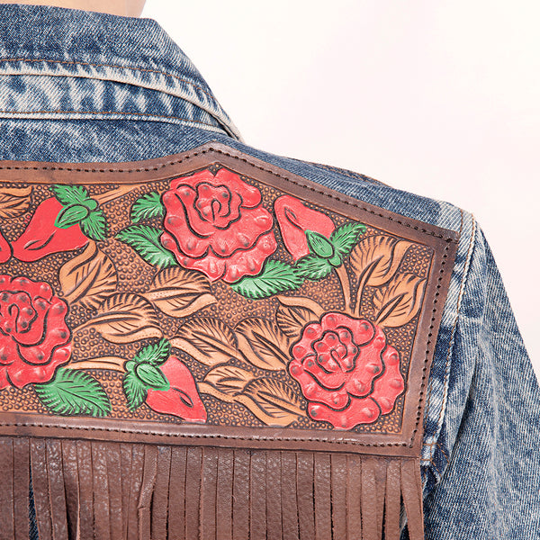ADJKT003 American Darling Tooled Leather Denim Jacket Rose Painted Fringe
