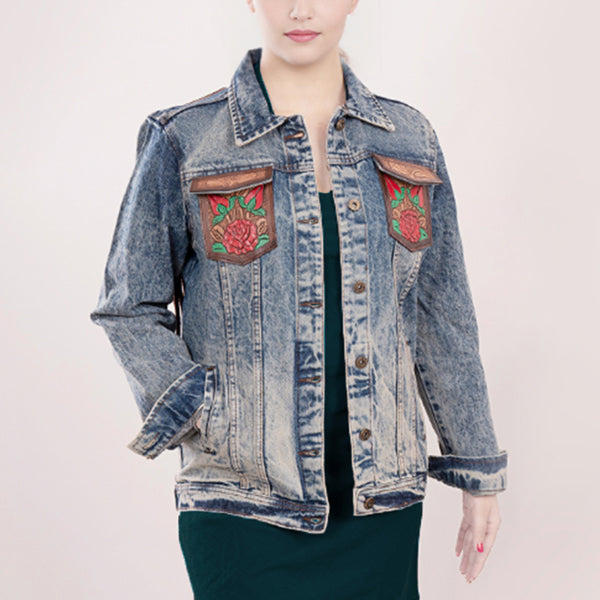 ADJKT003 American Darling Tooled Leather Denim Jacket Rose Painted Fringe