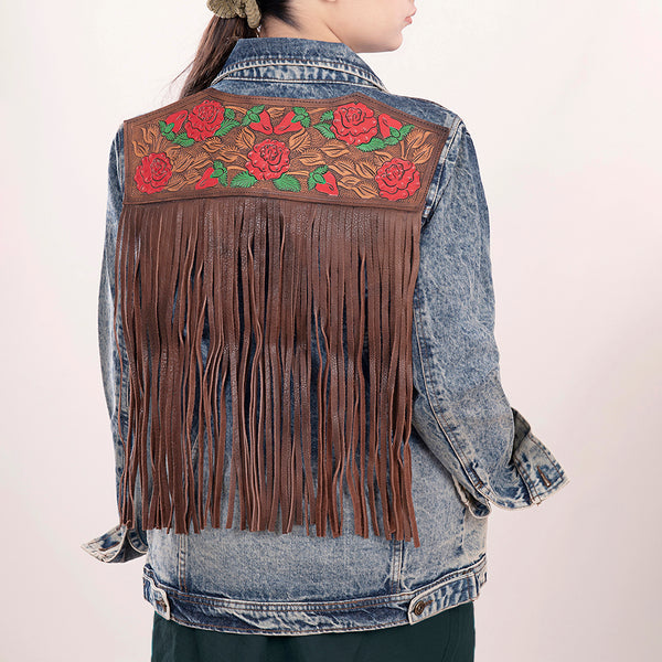 ADJKT003 American Darling Tooled Leather Denim Jacket Rose Painted Fringe