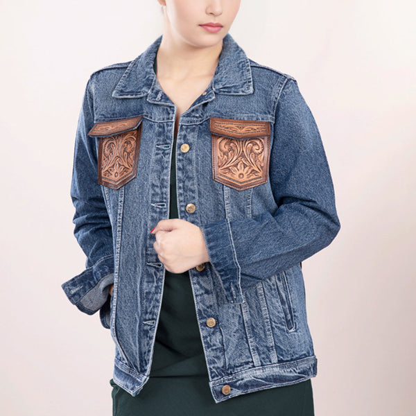 ADJKT004 American Darling Floral Tooled Denim Jacket Harness Leather Fringe