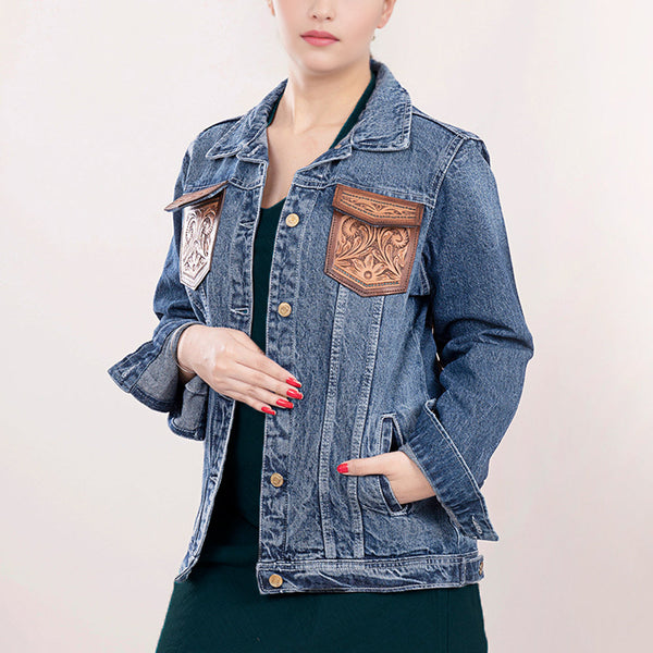 ADJKT004 American Darling Floral Tooled Denim Jacket Harness Leather Fringe
