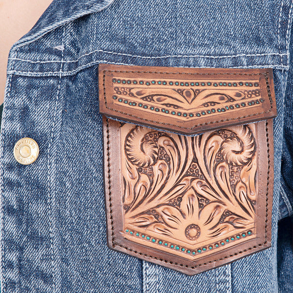 ADJKT004 American Darling Floral Tooled Denim Jacket Harness Leather Fringe