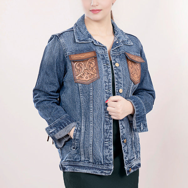 ADJKT004 American Darling Floral Tooled Denim Jacket Harness Leather Fringe
