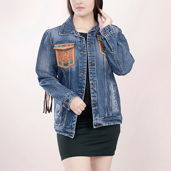 ADJKT006 American Darling Denim & Harness Jacket Aztec Tooled Fringe Top