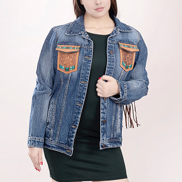 ADJKT006 American Darling Denim & Harness Jacket Aztec Tooled Fringe Top