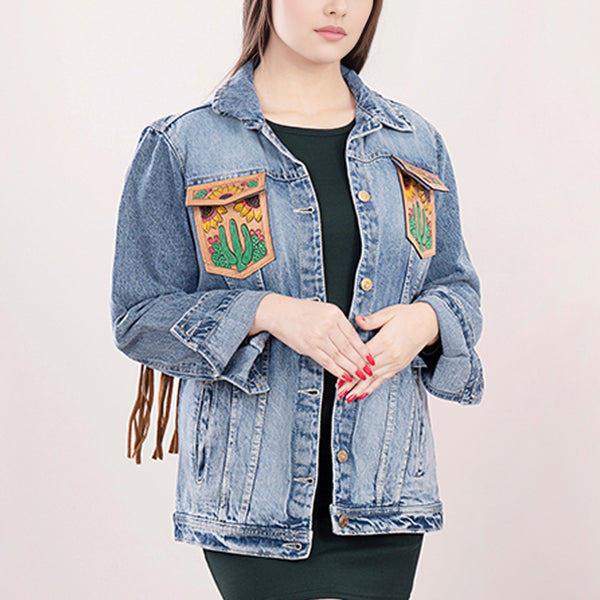 ADJKT007 American Darling Tooled Harness Leather Denim Jacket Cactus Sunflower