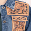 LC-ADJKT008 Classic Western Denim Jacket with Floral Tooled Leather Yoke & Tan Fringe