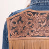 LC-ADJKT008 Classic Western Denim Jacket with Floral Tooled Leather Yoke & Tan Fringe