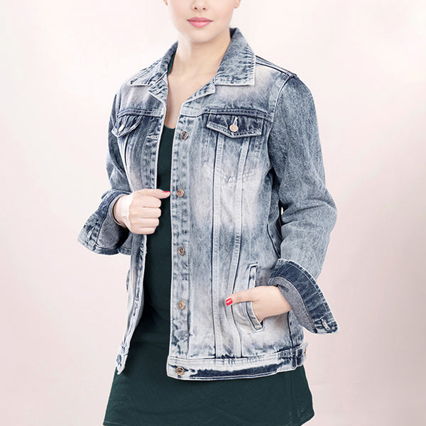 LC-ADJKT010 Acid Wash Denim Jacket with Tooled Leather Rose Yoke & Fringe - Western Cowgirl Style