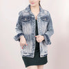 LC-ADJKT010 Acid Wash Denim Jacket with Tooled Leather Rose Yoke & Fringe - Western Cowgirl Style