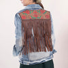 LC-ADJKT010 Acid Wash Denim Jacket with Tooled Leather Rose Yoke & Fringe - Western Cowgirl Style
