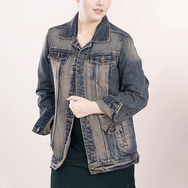 LC-ADJKT011 Western Denim Jacket with Hand-Tooled Tan Leather Yoke - No Fringe