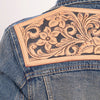 LC-ADJKT011 Western Denim Jacket with Hand-Tooled Tan Leather Yoke - No Fringe