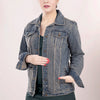 LC-ADJKT013 Hand-Tooled Leather Fringe Western Denim Jacket - Floral Scroll Yoke