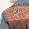 LC-ADJKT013 Hand-Tooled Leather Fringe Western Denim Jacket - Floral Scroll Yoke