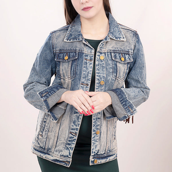 LC-ADJKT014 Light Wash Western Denim Jacket with Hand-Tooled Leather Yoke & Fringe