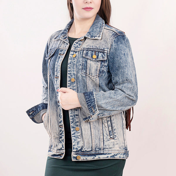 LC-ADJKT014 Light Wash Western Denim Jacket with Hand-Tooled Leather Yoke & Fringe