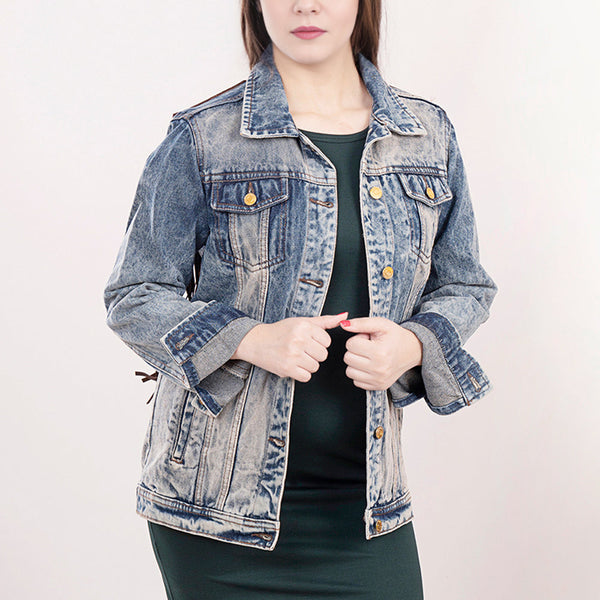 LC-ADJKT014 Light Wash Western Denim Jacket with Hand-Tooled Leather Yoke & Fringe