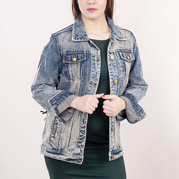 LC-ADJKT014 Light Wash Western Denim Jacket with Hand-Tooled Leather Yoke & Fringe
