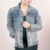 LC-ADJKT015 Western Denim Jacket with Floral Hand-Tooled Leather Yoke, Turquoise Accents & Fringe