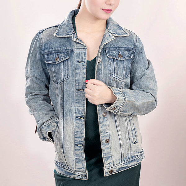 LC-ADJKT015 Western Denim Jacket with Floral Hand-Tooled Leather Yoke, Turquoise Accents & Fringe