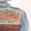 LC-ADJKT015 Western Denim Jacket with Floral Hand-Tooled Leather Yoke, Turquoise Accents & Fringe