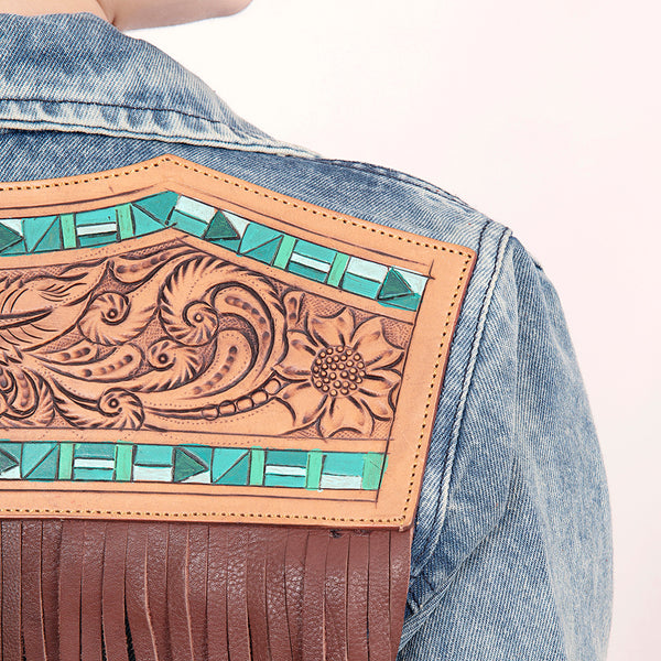 LC-ADJKT015 Western Denim Jacket with Floral Hand-Tooled Leather Yoke, Turquoise Accents & Fringe