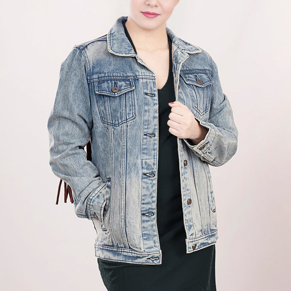 LC-ADJKT015 Western Denim Jacket with Floral Hand-Tooled Leather Yoke, Turquoise Accents & Fringe