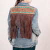 LC-ADJKT015 Western Denim Jacket with Floral Hand-Tooled Leather Yoke, Turquoise Accents & Fringe