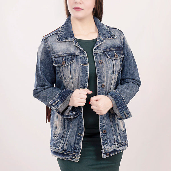 LC-ADJKT016 Denim Jacket with Tooled Leather Sunflowers & Fringe