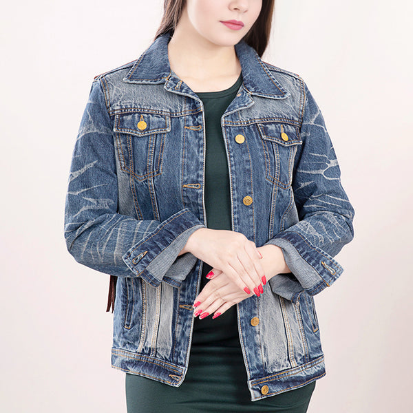 LC-ADJKT017 Denim Jacket with Tooled Cowgirl Scene & Leather Fringe