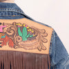 LC-ADJKT017 Denim Jacket with Tooled Cowgirl Scene & Leather Fringe