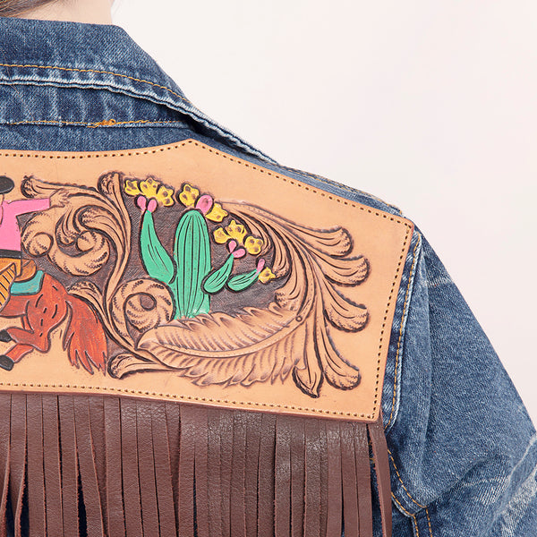 LC-ADJKT017 Denim Jacket with Tooled Cowgirl Scene & Leather Fringe