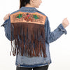 ADJKT001 American Darling Tooled Leather Fringe Denim Jacket Western Cactus Top