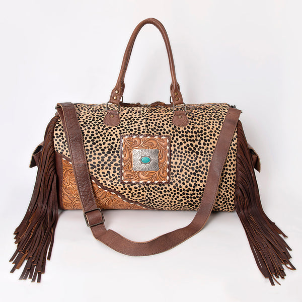 ADBG608 American Darling Hand Tooled Floral & Hair-On Cowhide Western Leather Duffel Bag with Fringes
