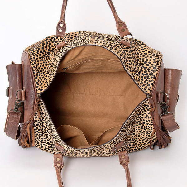 ADBG608 American Darling Hand Tooled Floral & Hair-On Cowhide Western Leather Duffel Bag with Fringes