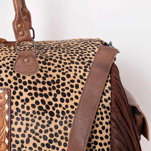 ADBG608 American Darling Hand Tooled Floral & Hair-On Cowhide Western Leather Duffel Bag with Fringes