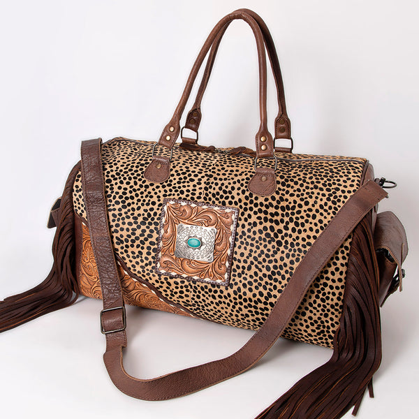 ADBG608 American Darling Hand Tooled Floral & Hair-On Cowhide Western Leather Duffel Bag with Fringes