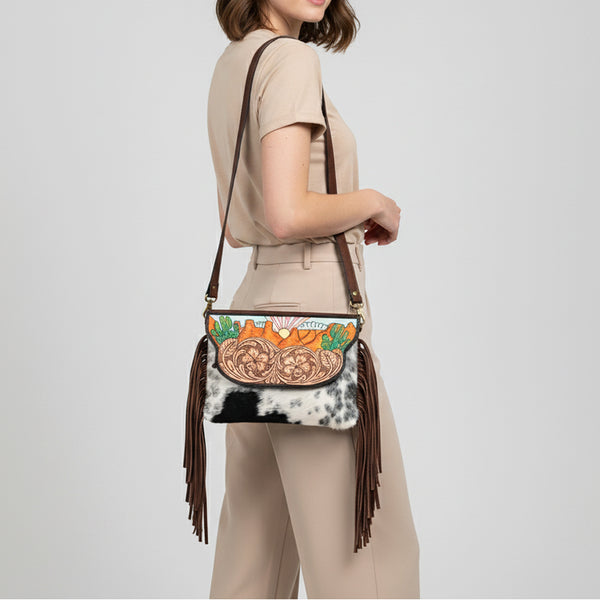 ADBGA332 American Darling Desert Cactus Tooled Leather Cowhide Fringe Crossbody Bag