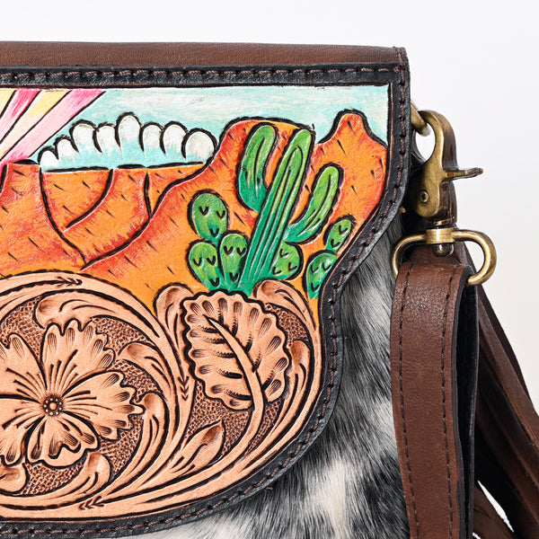 ADBGA332 American Darling Desert Cactus Tooled Leather Cowhide Fringe Crossbody Bag
