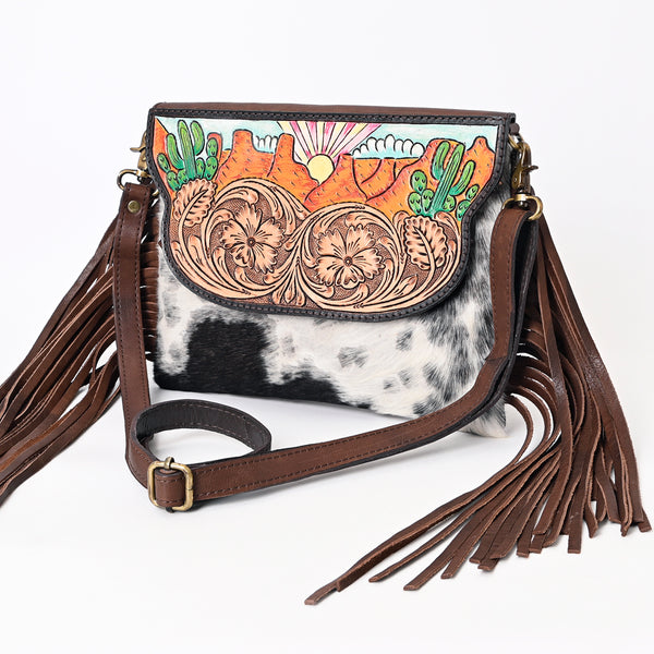 ADBGA332 American Darling Desert Cactus Tooled Leather Cowhide Fringe Crossbody Bag