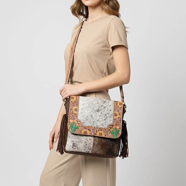 ADBGA336 American Darling Hair-On Cowhide Tooled Leather Messenger Bag With Fringe
