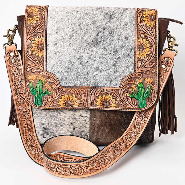 ADBGA336 American Darling Hair-On Cowhide Tooled Leather Messenger Bag With Fringe