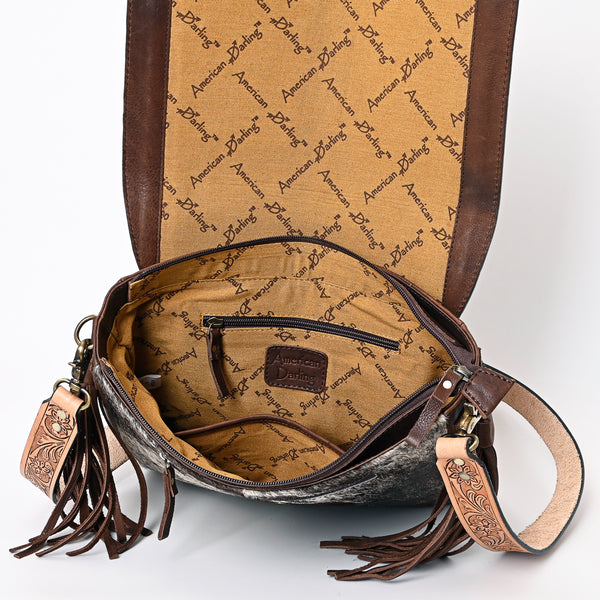 ADBGA336 American Darling Hair-On Cowhide Tooled Leather Messenger Bag With Fringe