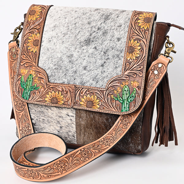 ADBGA336 American Darling Hair-On Cowhide Tooled Leather Messenger Bag With Fringe