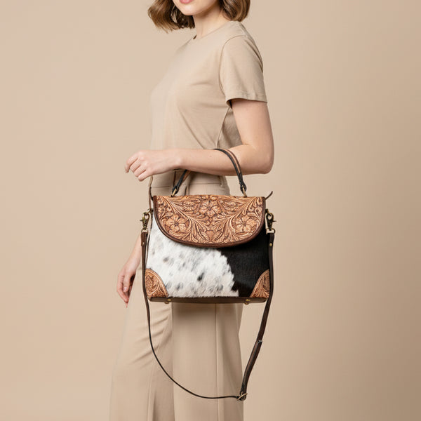 ADBGA338 American Darling Hair-On Cowhide Hand Tooled Leather Messenger Bag
