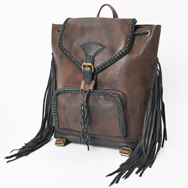 ADBGM275 Western Leather Backpack - Braided Trim, Fringe & Buckle Closure