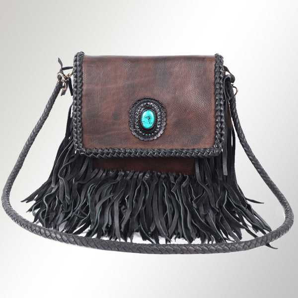 ADBGM261 Handcrafted Leather Crossbody Bag with Turquoise Concho & Braided Trim - Western Shoulder Purse